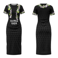 Hawaii Statehood Day Couples Matching Short Sleeve Bodycon Dress and Hawaiian Shirt Kakau Pattern With Maile Pikake Honohono Lei LT05 - Polynesian Pride