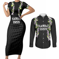 Hawaii Statehood Day Couples Matching Short Sleeve Bodycon Dress and Long Sleeve Button Shirt Kakau Pattern With Maile Pikake Honohono Lei