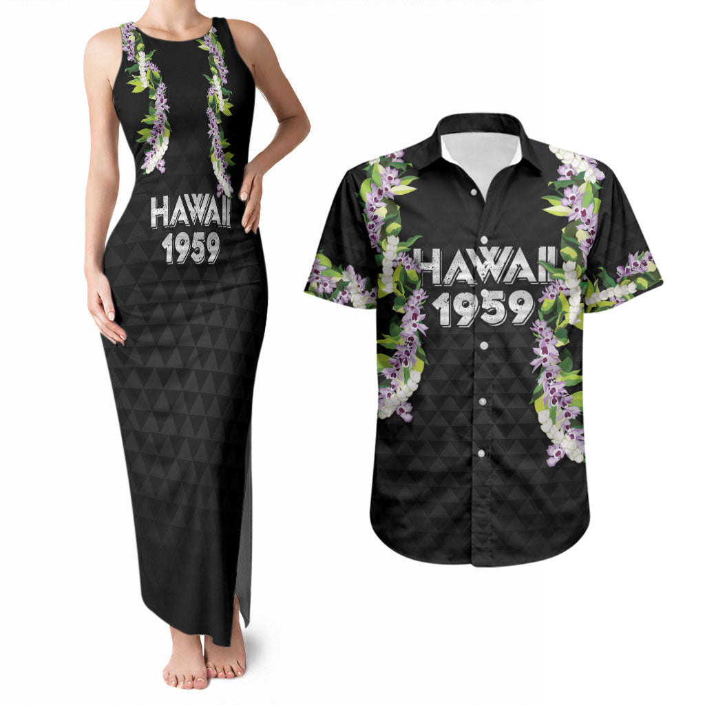 Hawaii Statehood Day Couples Matching Tank Maxi Dress and Hawaiian Shirt Kakau Pattern With Maile Pikake Honohono Lei LT05 Black - Polynesian Pride