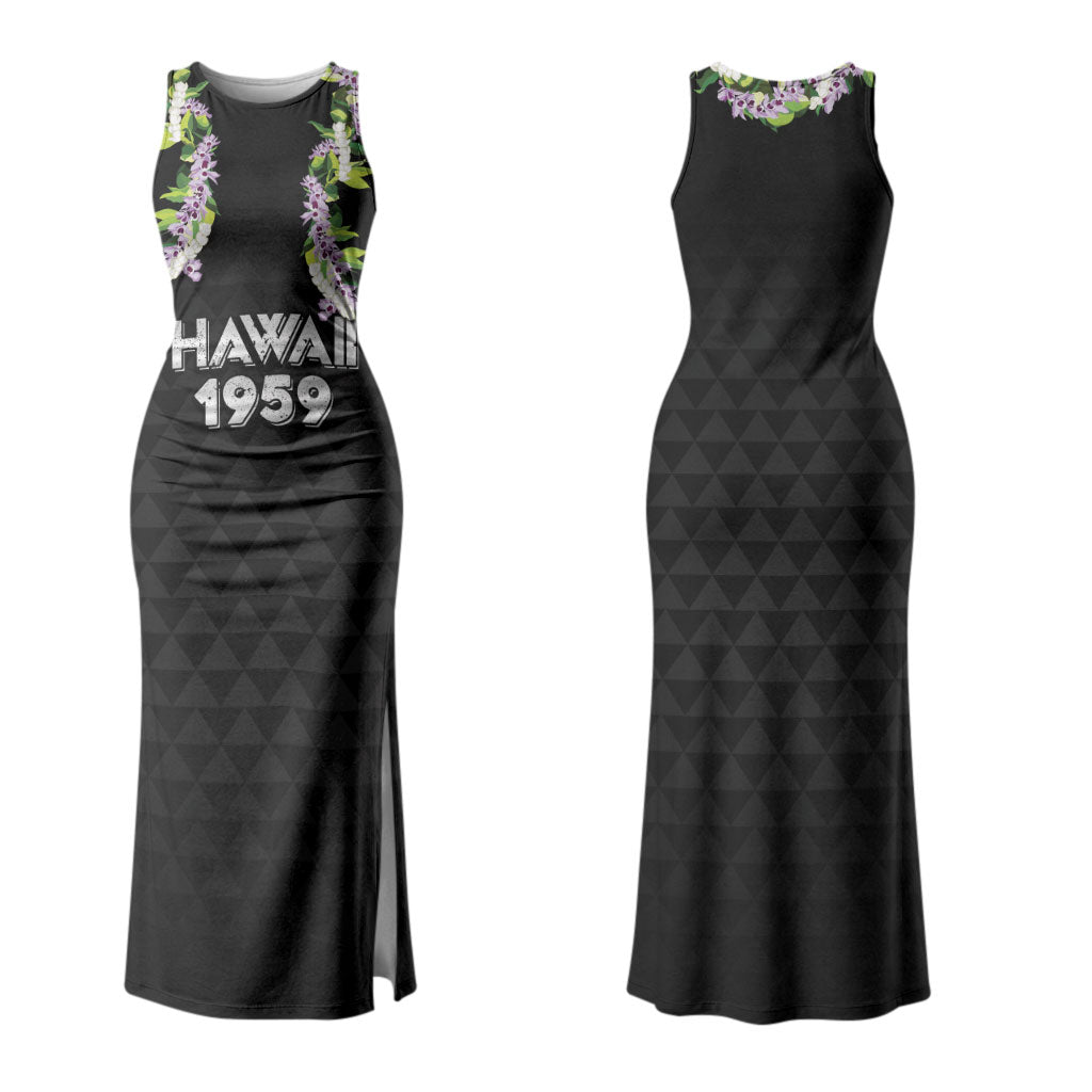Hawaii Statehood Day Couples Matching Tank Maxi Dress and Hawaiian Shirt Kakau Pattern With Maile Pikake Honohono Lei LT05 - Polynesian Pride