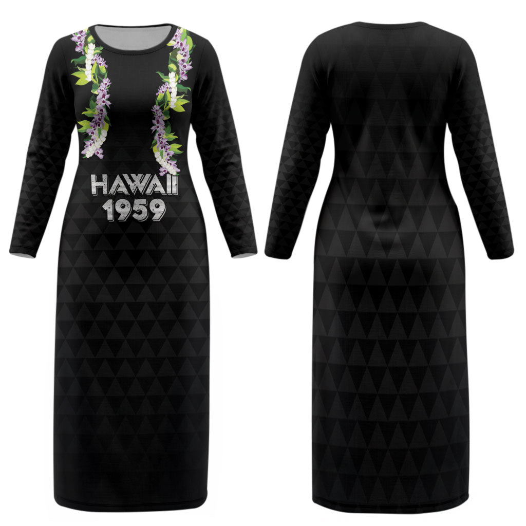 Hawaii Statehood Day Family Matching Long Sleeve Bodycon Dress and Hawaiian Shirt Kakau Pattern With Maile Pikake Honohono Lei LT05 Mom's Dress Black - Polynesian Pride
