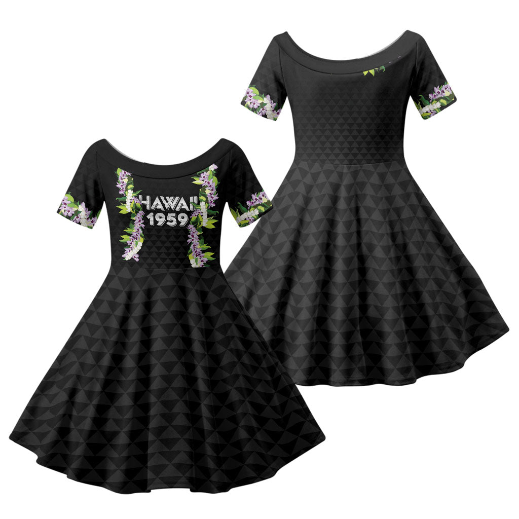 Hawaii Statehood Day Family Matching Long Sleeve Bodycon Dress and Hawaiian Shirt Kakau Pattern With Maile Pikake Honohono Lei LT05 Daughter's Dress Black - Polynesian Pride