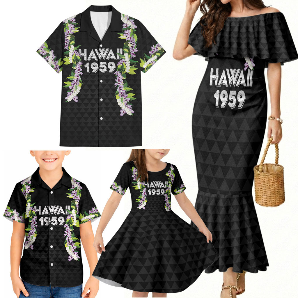 Hawaii Statehood Day Family Matching Mermaid Dress and Hawaiian Shirt Kakau Pattern With Maile Pikake Honohono Lei LT05 - Polynesian Pride