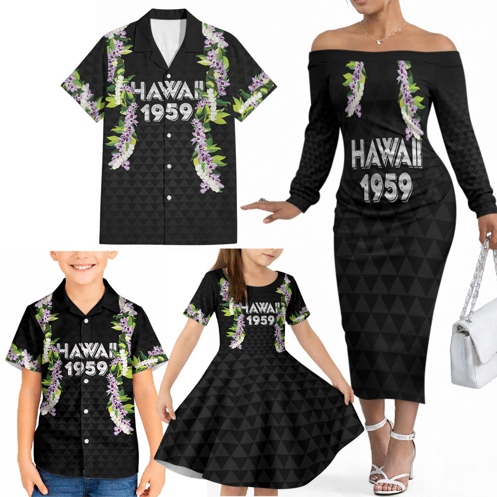 Hawaii Statehood Day Family Matching Off The Shoulder Long Sleeve Dress and Hawaiian Shirt Kakau Pattern With Maile Pikake Honohono Lei LT05 - Polynesian Pride