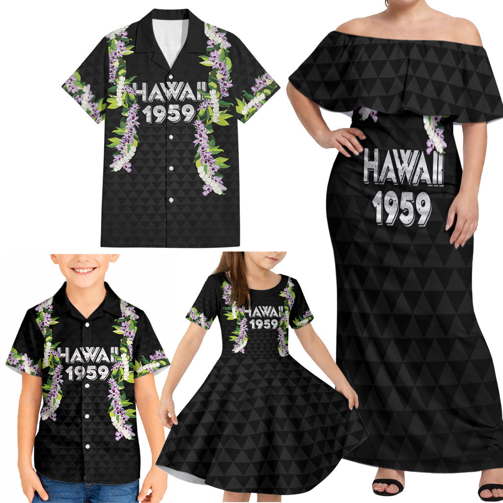 Hawaii Statehood Day Family Matching Off Shoulder Maxi Dress and Hawaiian Shirt Kakau Pattern With Maile Pikake Honohono Lei LT05 - Polynesian Pride