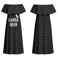 Hawaii Statehood Day Family Matching Off Shoulder Maxi Dress and Hawaiian Shirt Kakau Pattern With Maile Pikake Honohono Lei LT05 Mom's Dress Black - Polynesian Pride