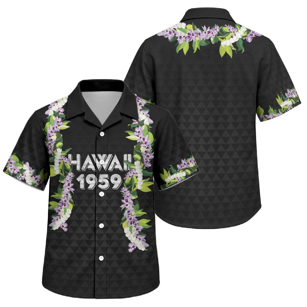 Hawaii Statehood Day Family Matching Off Shoulder Maxi Dress and Hawaiian Shirt Kakau Pattern With Maile Pikake Honohono Lei LT05 Son's Shirt Black - Polynesian Pride