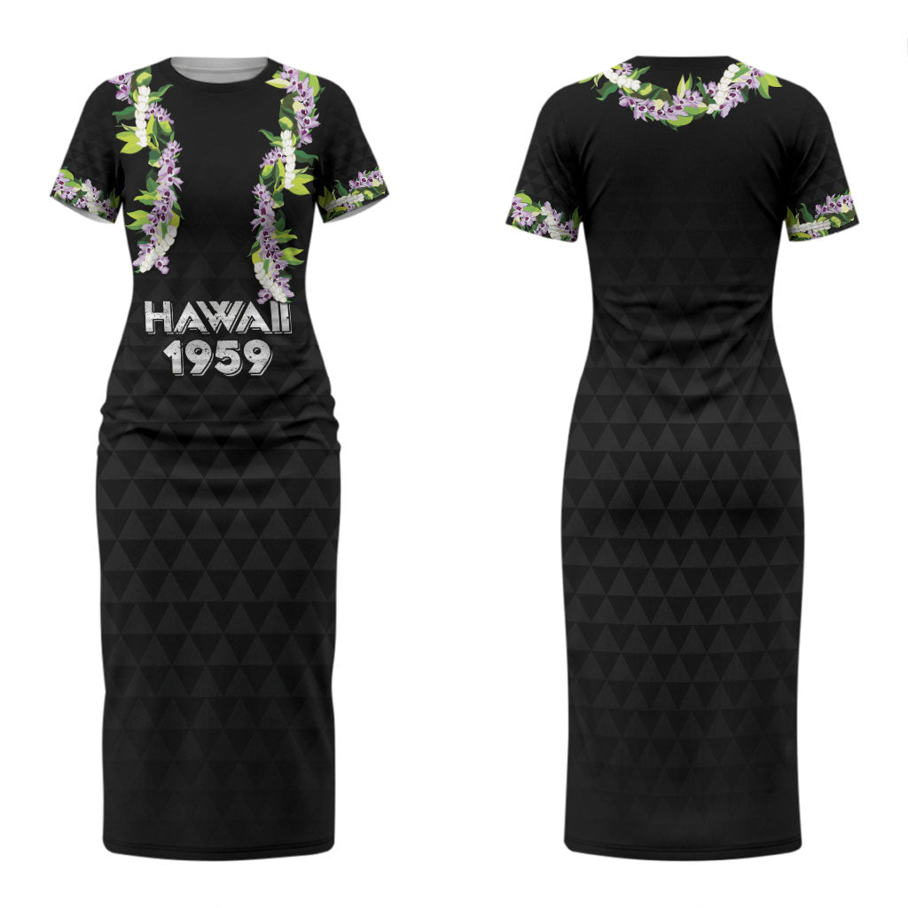 Hawaii Statehood Day Family Matching Short Sleeve Bodycon Dress and Hawaiian Shirt Kakau Pattern With Maile Pikake Honohono Lei LT05 Mom's Dress Black - Polynesian Pride
