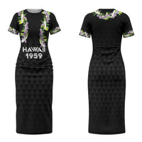 Hawaii Statehood Day Family Matching Short Sleeve Bodycon Dress and Hawaiian Shirt Kakau Pattern With Maile Pikake Honohono Lei LT05 Mom's Dress Black - Polynesian Pride