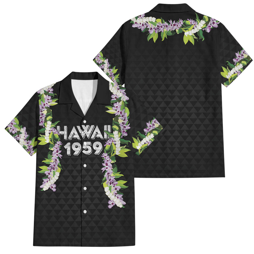 Hawaii Statehood Day Family Matching Short Sleeve Bodycon Dress and Hawaiian Shirt Kakau Pattern With Maile Pikake Honohono Lei LT05 Dad's Shirt - Short Sleeve Black - Polynesian Pride