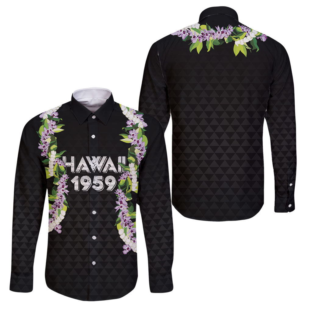 Hawaii Statehood Day Family Matching Summer Maxi Dress and Hawaiian Shirt Kakau Pattern With Maile Pikake Honohono Lei LT05 Dad's Shirt - Long Sleeve Black - Polynesian Pride