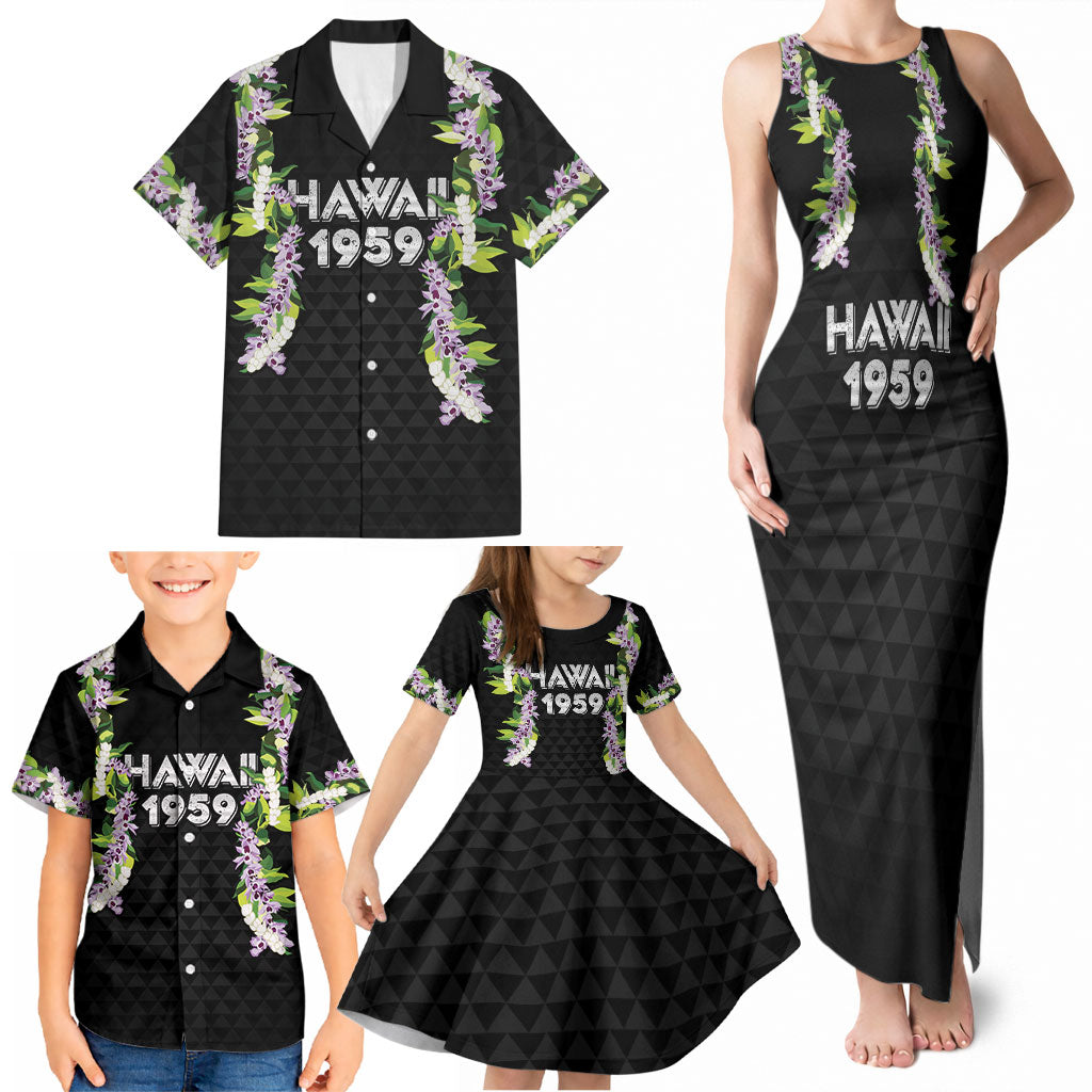 Hawaii Statehood Day Family Matching Tank Maxi Dress and Hawaiian Shirt Kakau Pattern With Maile Pikake Honohono Lei LT05 - Polynesian Pride