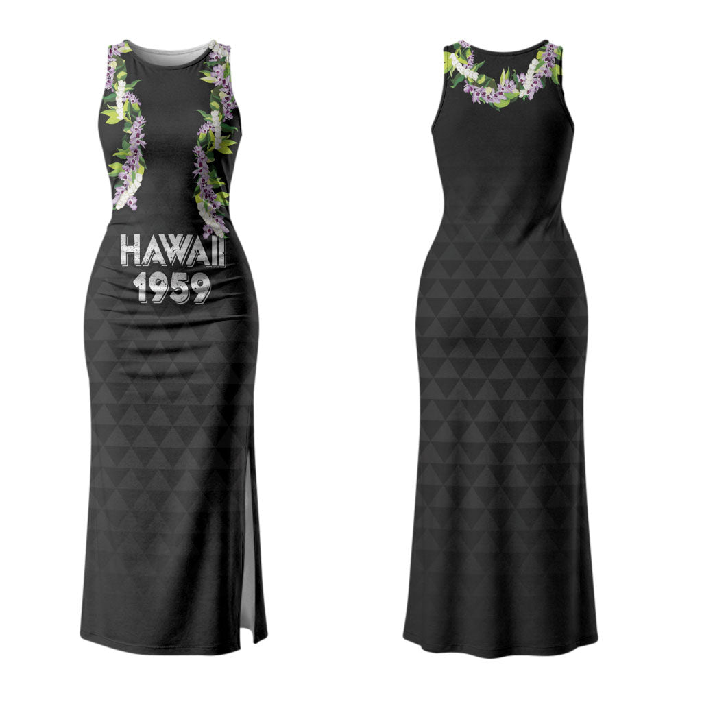 Hawaii Statehood Day Family Matching Tank Maxi Dress and Hawaiian Shirt Kakau Pattern With Maile Pikake Honohono Lei LT05 Mom's Dress Black - Polynesian Pride