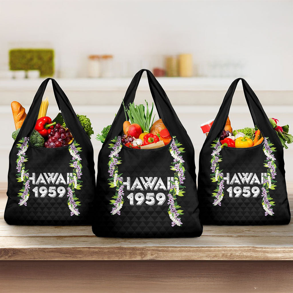 Hawaii Statehood Day Grocery Bag Kakau Pattern With Maile Pikake Honohono Lei