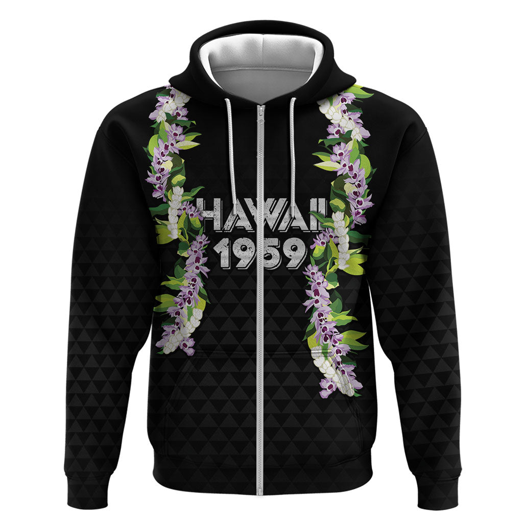 Hawaii Statehood Day Hoodie Kakau Pattern With Maile Pikake Honohono Lei LT05 Zip Hoodie Black - Polynesian Pride