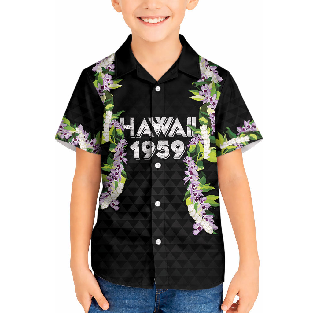 Hawaii Statehood Day Kid Hawaiian Shirt Kakau Pattern With Maile Pikake Honohono Lei LT05 Kid Black - Polynesian Pride
