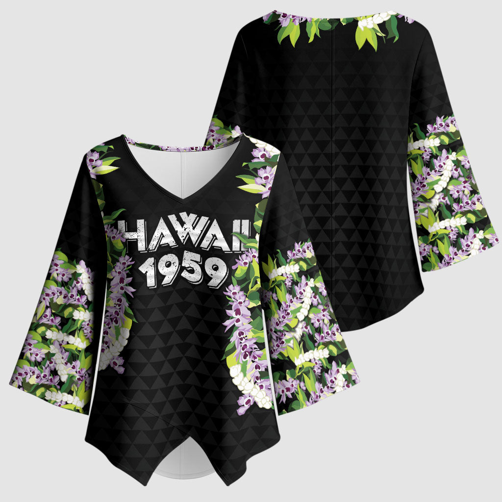 Hawaii Statehood Day Kimono Sleeve Blouse Kakau Pattern With Maile Pikake Honohono Lei