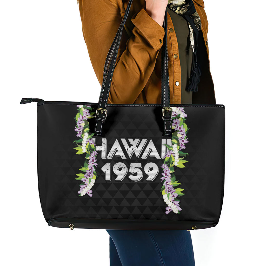 Hawaii Statehood Day Leather Tote Bag Kakau Pattern With Maile Pikake Honohono Lei