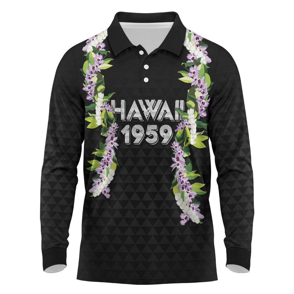 Hawaii Statehood Day Long Sleeve Polo Shirt Kakau Pattern With Maile Pikake Honohono Lei