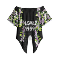Hawaii Statehood Day Off Shoulder Wrap Waist Top Kakau Pattern With Maile Pikake Honohono Lei LT05 Black - Polynesian Pride