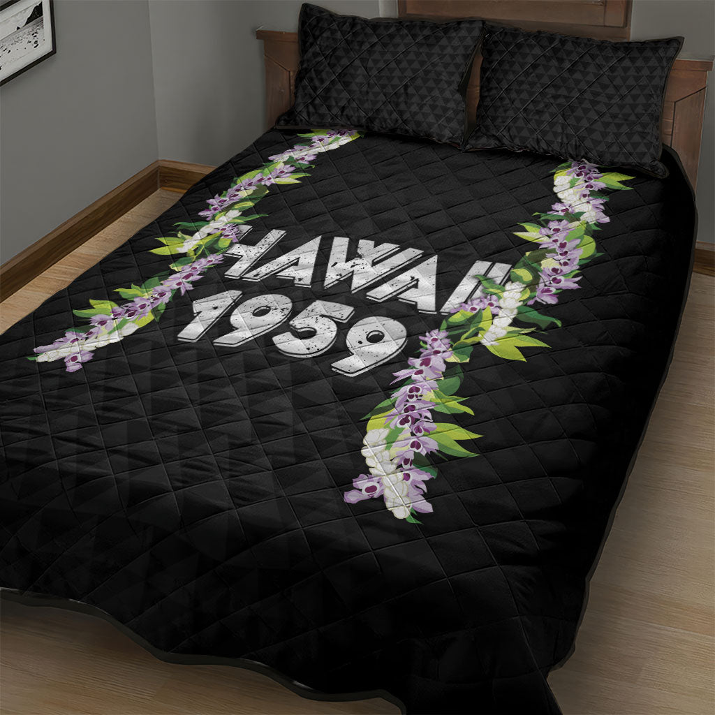 Hawaii Statehood Day Quilt Bed Set Kakau Pattern With Maile Pikake Honohono Lei