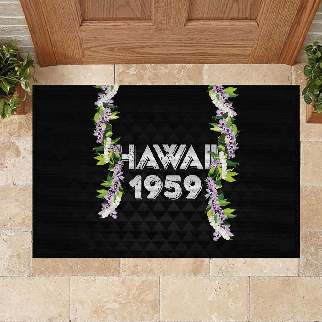 Hawaii Statehood Day Rubber Doormat Kakau Pattern With Maile Pikake Honohono Lei LT05 Black - Polynesian Pride