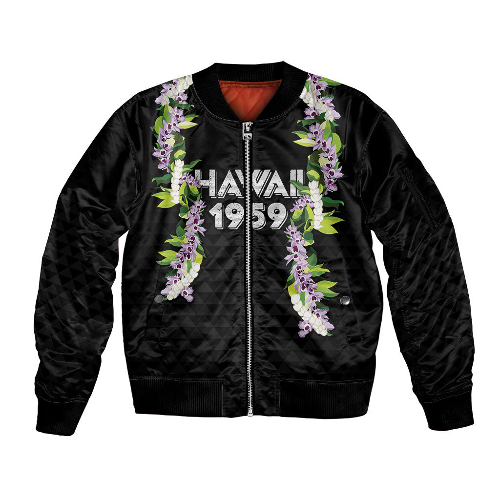 Hawaii Statehood Day Sleeve Zip Bomber Jacket Kakau Pattern With Maile Pikake Honohono Lei