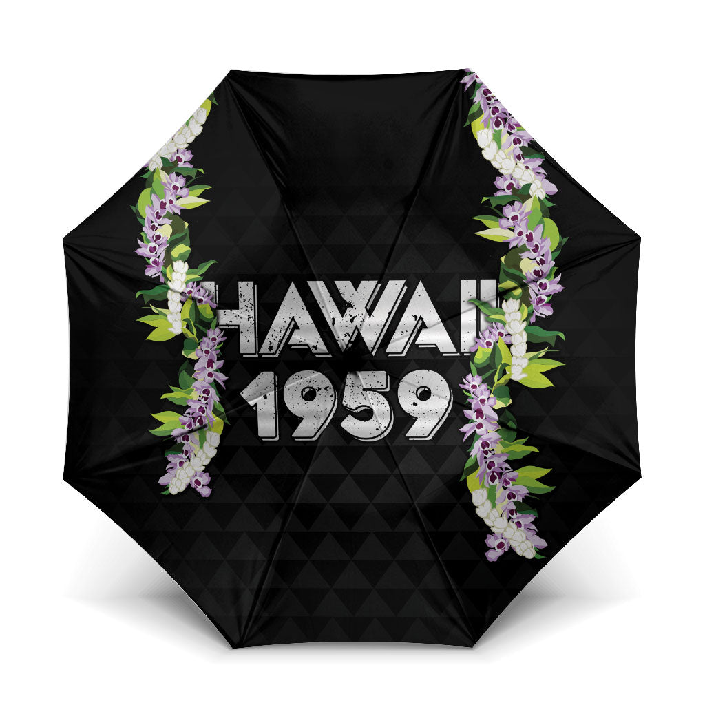 Hawaii Statehood Day Umbrella Kakau Pattern With Maile Pikake Honohono Lei LT05 One Size Folded 11.42 inch Opened Diameter 37.4 inch Black - Polynesian Pride