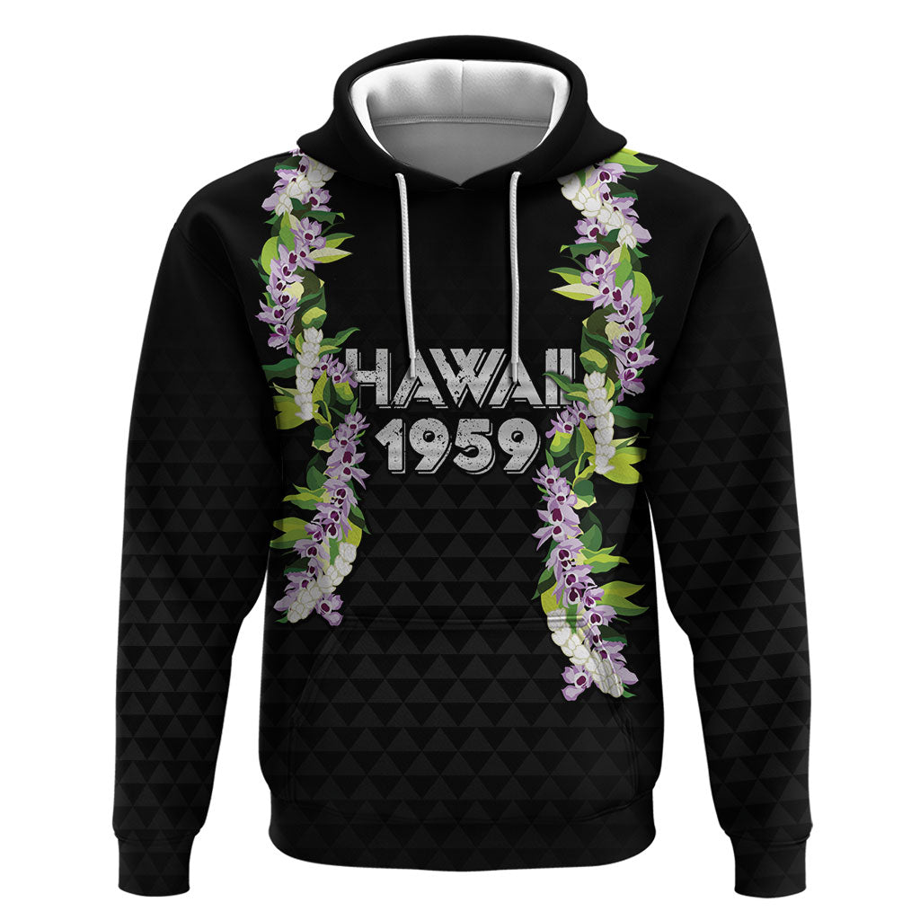 Hawaii Statehood Day Zip Hoodie Kakau Pattern With Maile Pikake Honohono Lei LT05 Pullover Hoodie Black - Polynesian Pride
