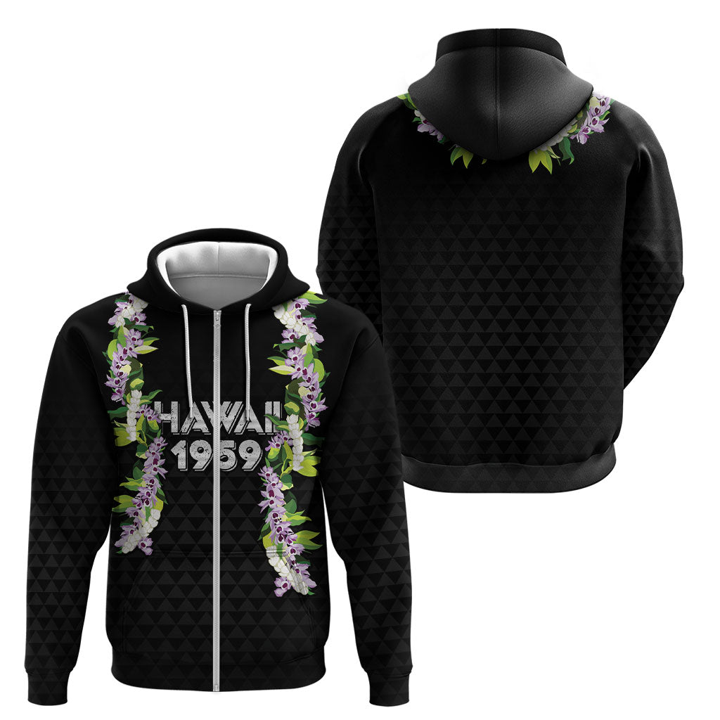 Hawaii Statehood Day Zip Hoodie Kakau Pattern With Maile Pikake Honohono Lei LT05 - Polynesian Pride