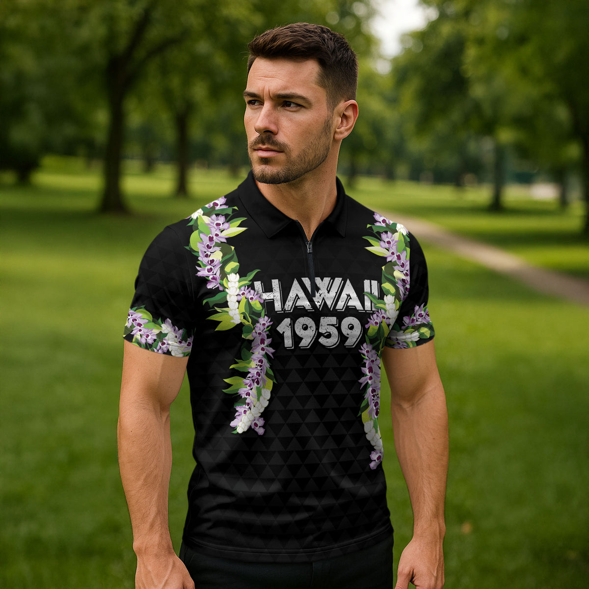 Hawaii Statehood Day Zipper Polo Shirt Kakau Pattern With Maile Pikake Honohono Lei