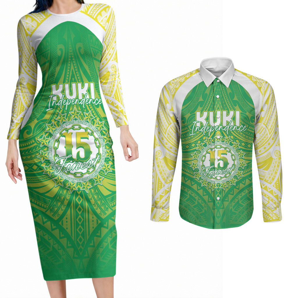 Kuki Independence 2026 Couples Matching Long Sleeve Bodycon Dress and Long Sleeve Button Shirt Cook Islands 15 Finest Green Version LT05 Green - Polynesian Pride