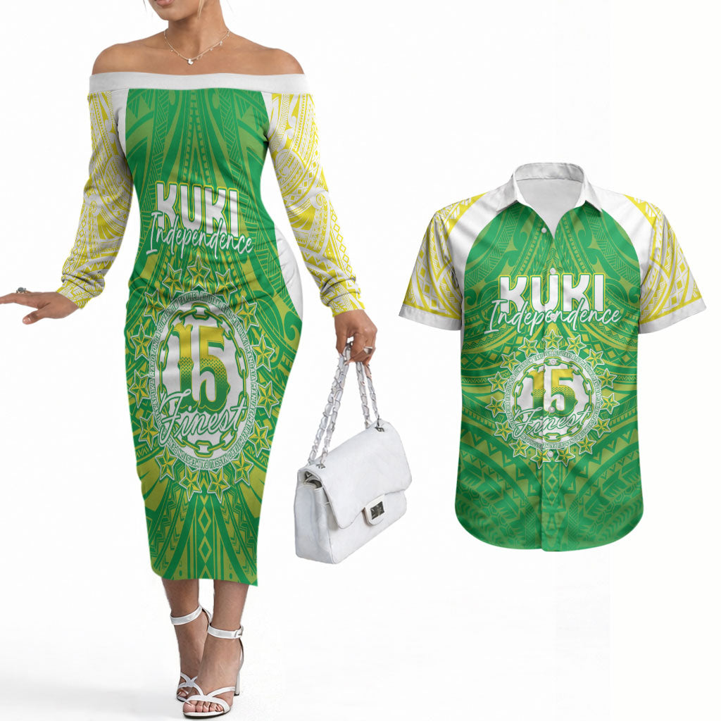 Kuki Independence 2026 Couples Matching Off The Shoulder Long Sleeve Dress and Hawaiian Shirt Cook Islands 15 Finest Green Version LT05 Green - Polynesian Pride