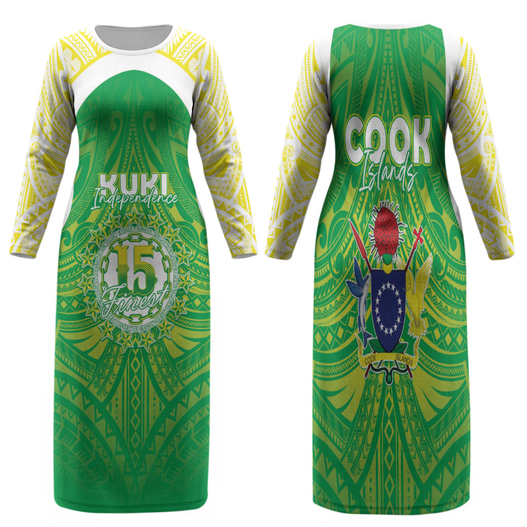 Kuki Independence 2026 Family Matching Long Sleeve Bodycon Dress and Hawaiian Shirt Cook Islands 15 Finest Green Version LT05 Mom's Dress Green - Polynesian Pride