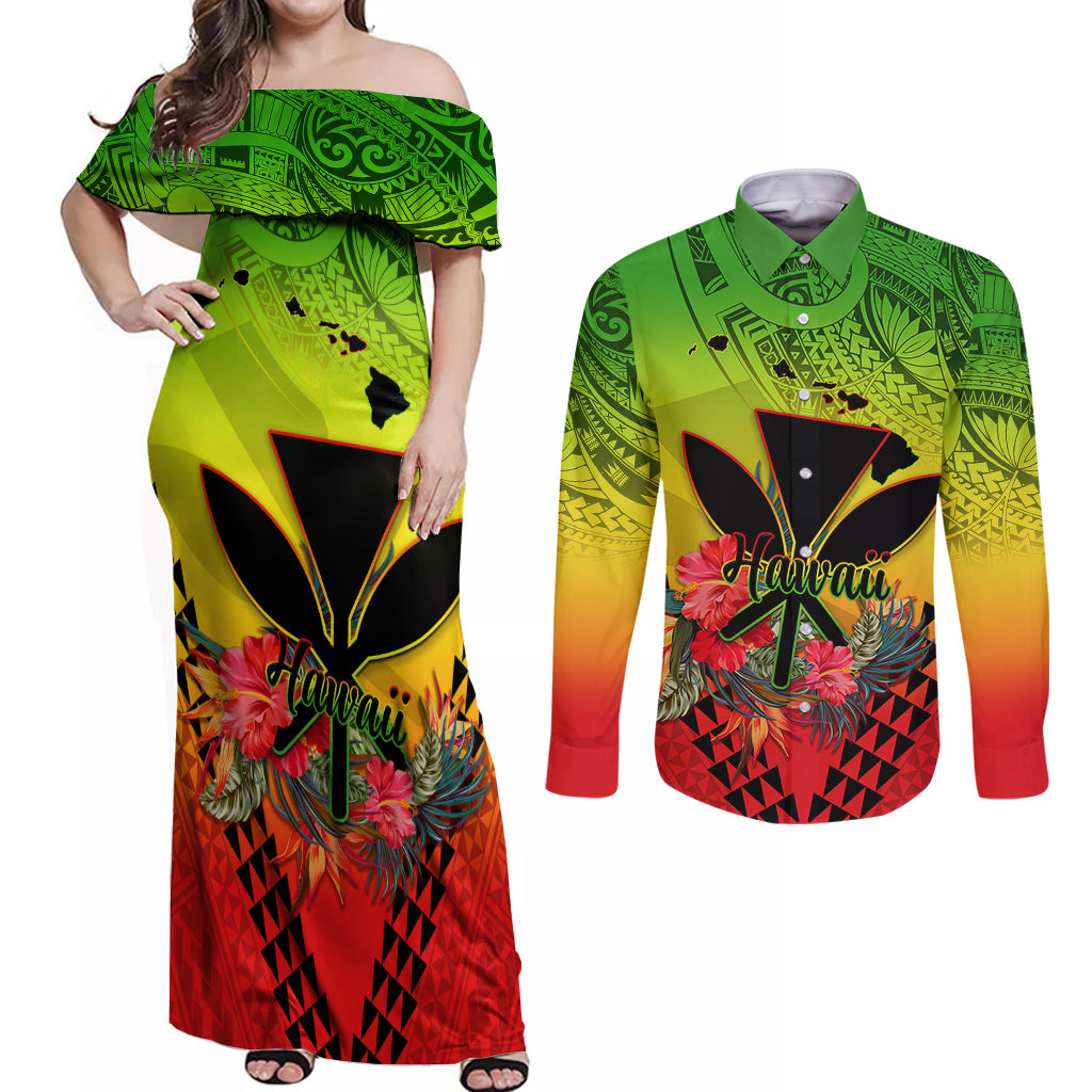 Personalized Hawaii Couples Matching Off Shoulder Maxi Dress and Long Sleeve Button Shirts Kakau Kanaka Maoli With Hibiscus Flowers LT05 Reggae - Polynesian Pride