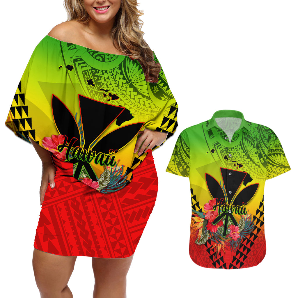 Personalized Hawaii Couples Matching Off Shoulder Short Dress and Hawaiian Shirt Kakau Kanaka Maoli With Hibiscus Flowers LT05 Reggae - Polynesian Pride