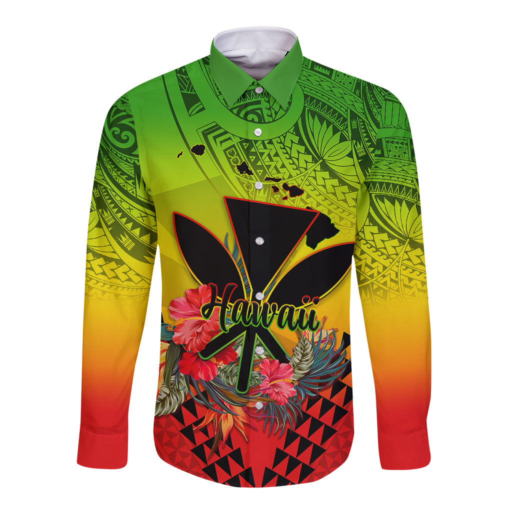 Personalized Hawaii Long Sleeve Button Shirt Kakau Kanaka Maoli With Hibiscus Flowers LT05 Unisex Reggae - Polynesian Pride