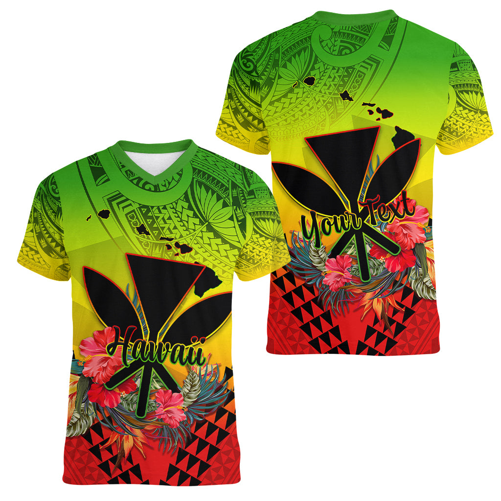 Personalized Hawaii Women V Neck T Shirt Kakau Kanaka Maoli With Hibiscus Flowers LT05 - Polynesian Pride