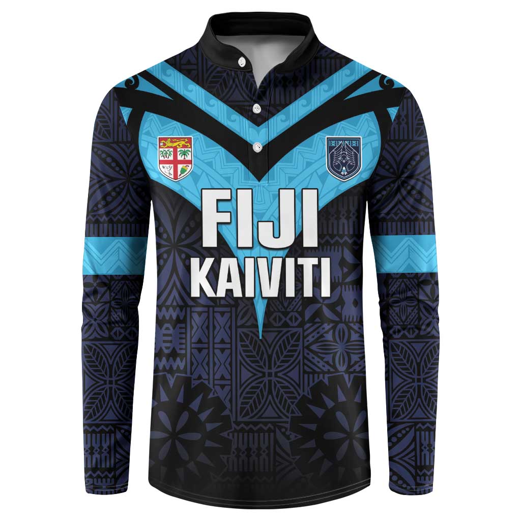 Custom Fiji Kaiviti Rugby Button Sweatshirt Fiji Tapa Pattern LT05 Blue - Polynesian Pride