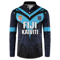 Custom Fiji Kaiviti Rugby Button Sweatshirt Fiji Tapa Pattern LT05 Blue - Polynesian Pride