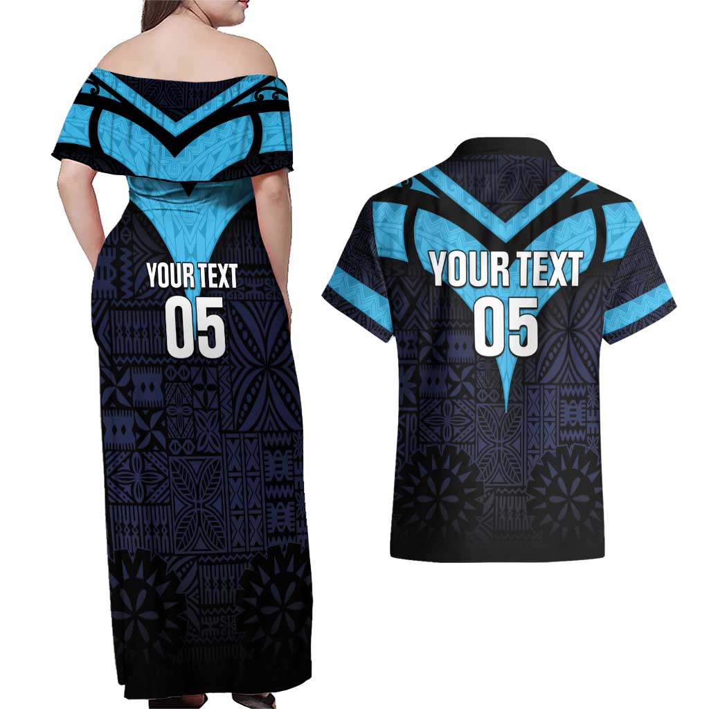 Custom Fiji Kaiviti Rugby Couples Matching Off Shoulder Maxi Dress and Hawaiian Shirt Fiji Tapa Pattern