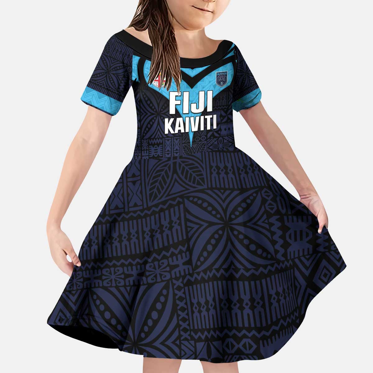 Custom Fiji Kaiviti Rugby Kid Short Sleeve Dress Fiji Tapa Pattern LT05 KID Blue - Polynesian Pride