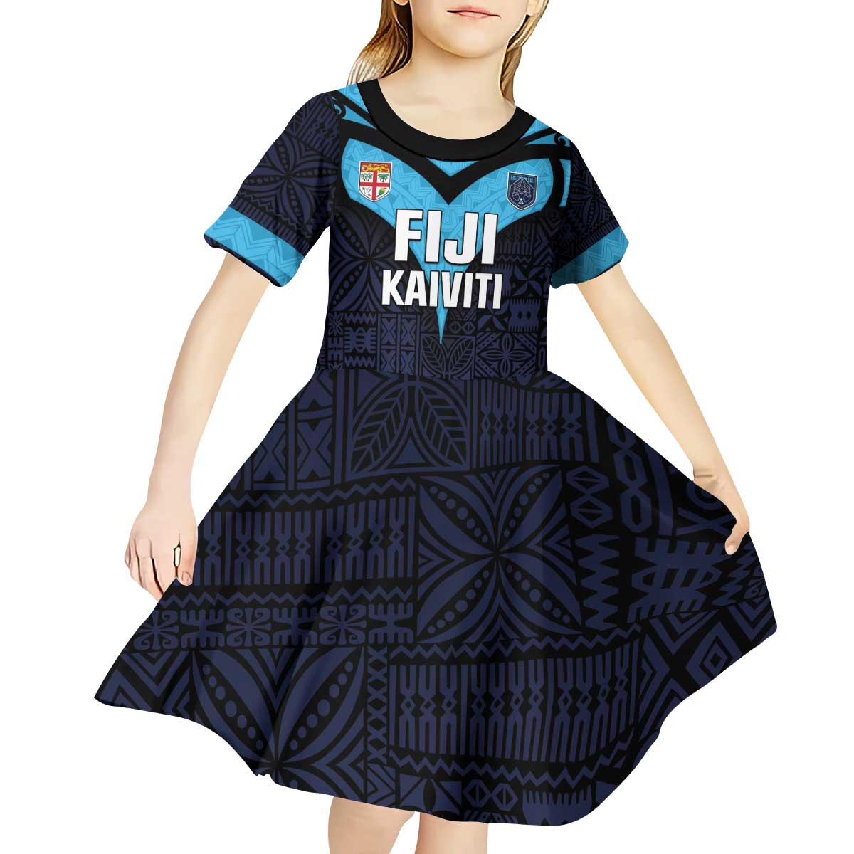 Custom Fiji Kaiviti Rugby Kid Short Sleeve Dress Fiji Tapa Pattern LT05 - Polynesian Pride