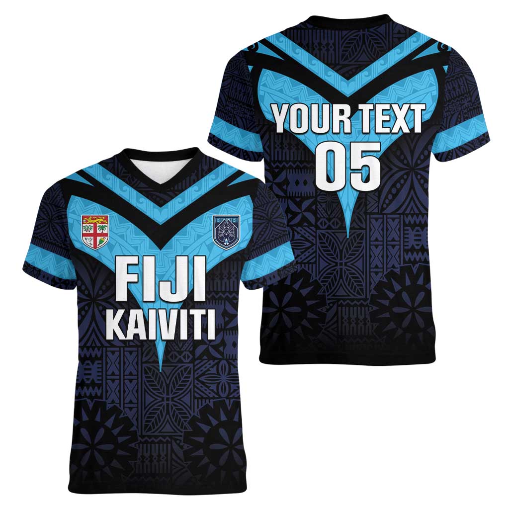 Custom Fiji Kaiviti Rugby Women V-Neck T-Shirt Fiji Tapa Pattern
