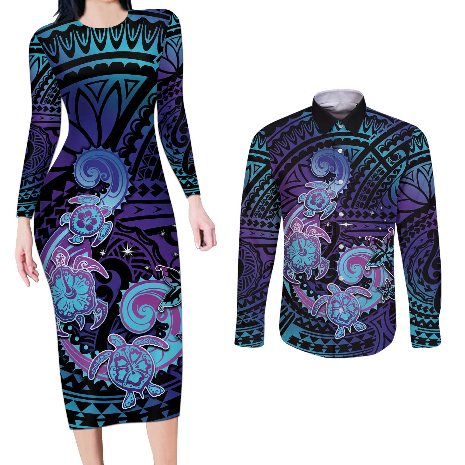 Hawaii Makahiki Turtle Couples Matching Long Sleeve Bodycon Dress and Long Sleeve Button Shirt Spiral Polynesian Tattoo