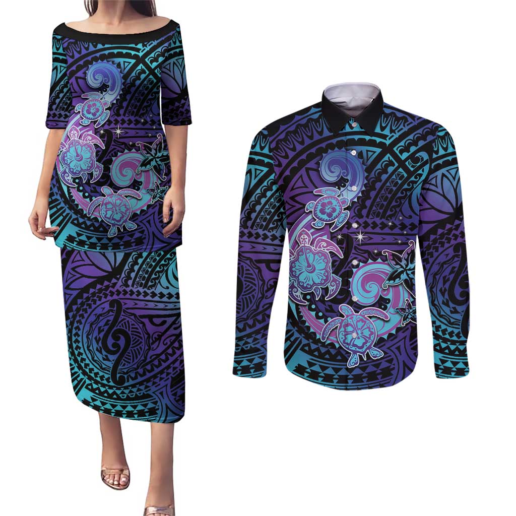 Hawaii Makahiki Turtle Couples Matching Puletasi and Long Sleeve Button Shirt Spiral Polynesian Tattoo
