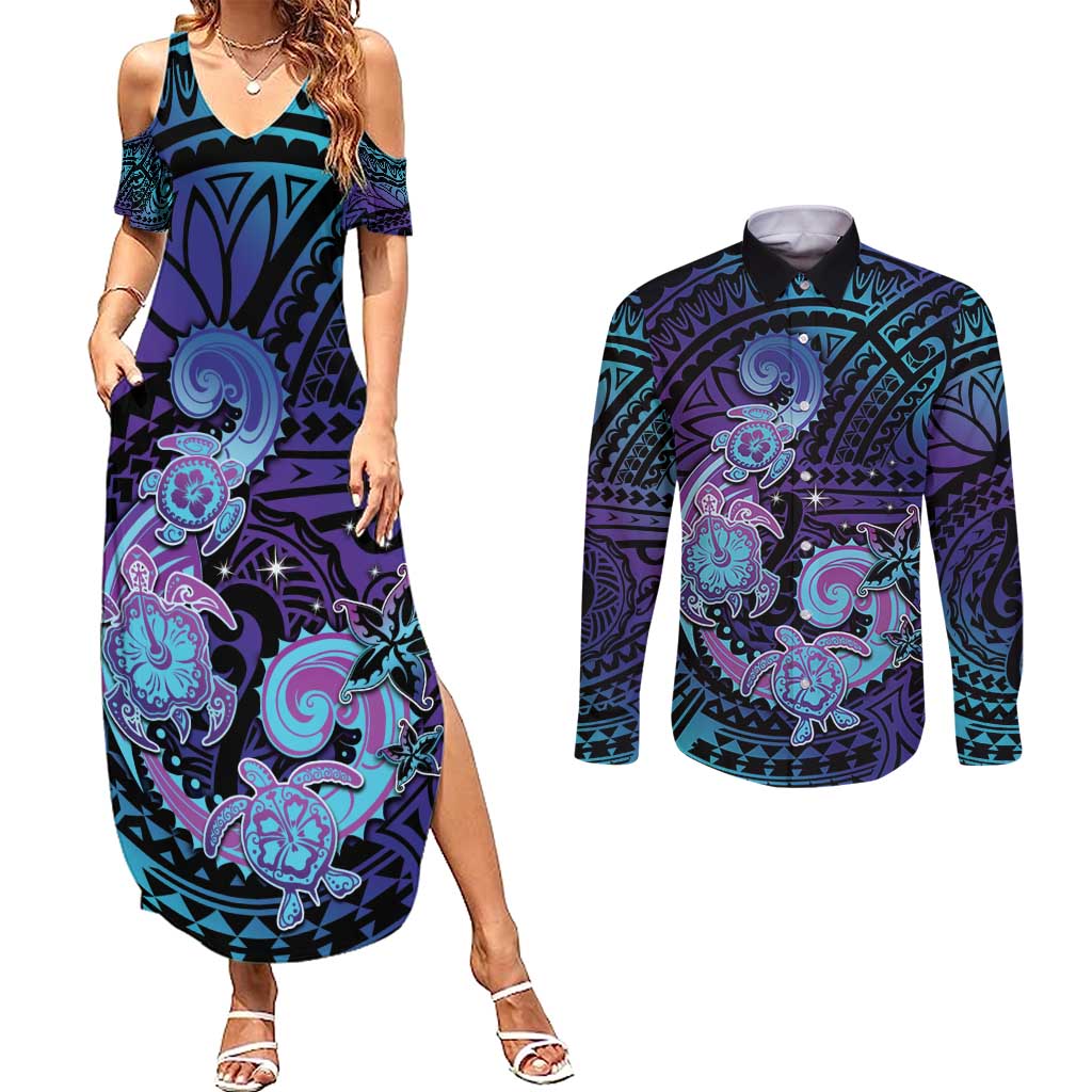 Hawaii Makahiki Turtle Couples Matching Summer Maxi Dress and Long Sleeve Button Shirt Spiral Polynesian Tattoo
