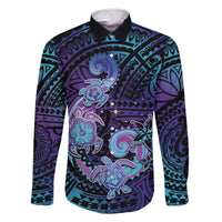 Hawaii Makahiki Turtle Family Matching Off The Shoulder Long Sleeve Dress and Hawaiian Shirt Spiral Polynesian Tattoo