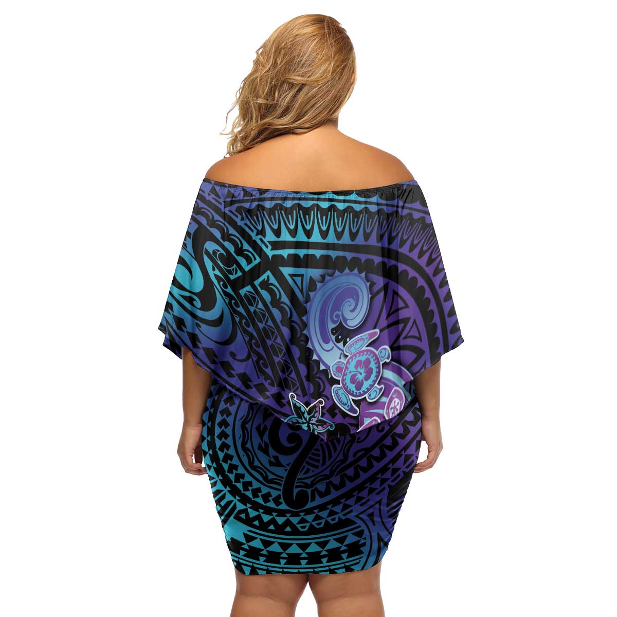 Hawaii Makahiki Turtle Family Matching Off Shoulder Short Dress and Hawaiian Shirt Spiral Polynesian Tattoo