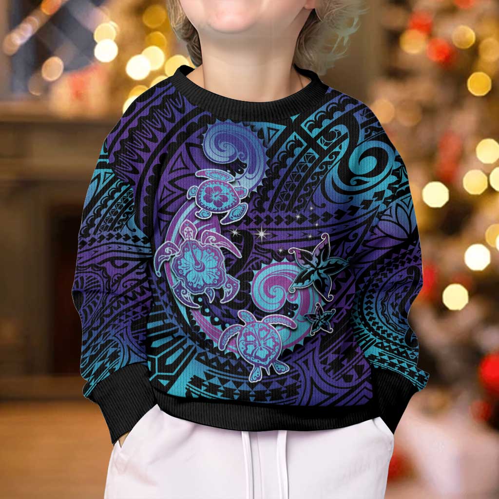 Hawaii Makahiki Turtle Kid Ugly Christmas Sweater Spiral Polynesian Tattoo